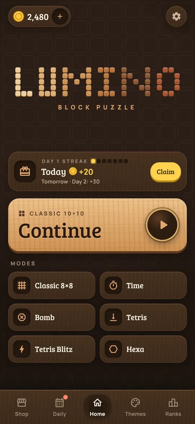 Lumino home screen with the daily reward and the game modes