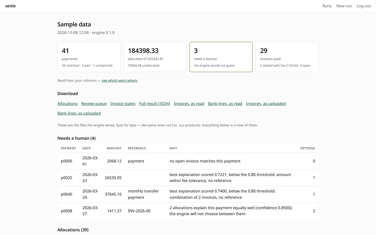 A settle run on sample data: payments matched, the amount allocated, and the payments left for a person to check