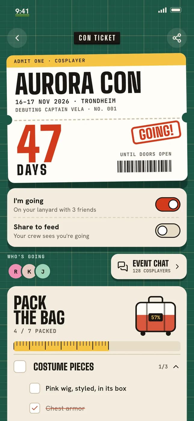 Cossy event page: a convention ticket counting down the days to the con