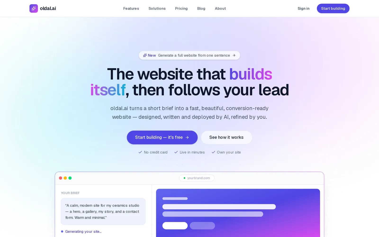 The oldal.ai home page: a short brief becomes a website
